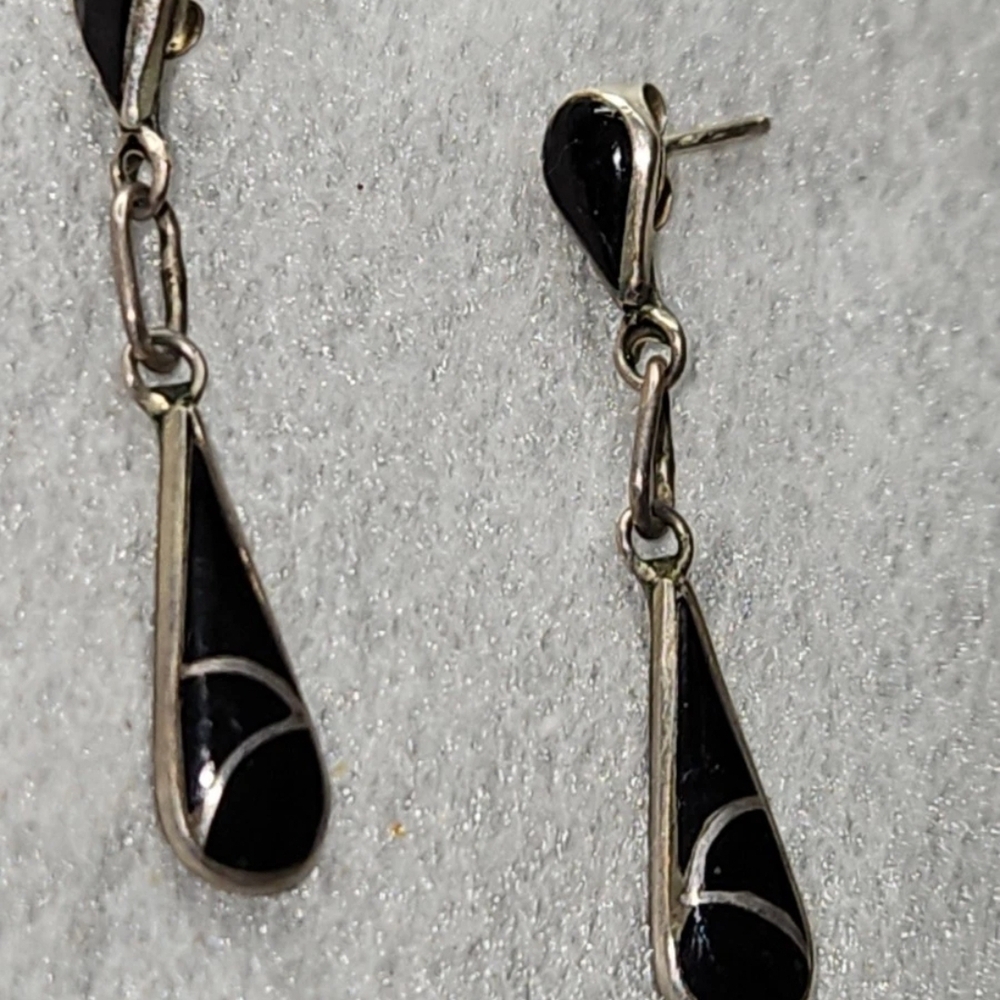 Black Teardrop Dangle Earrings with Silver Accents